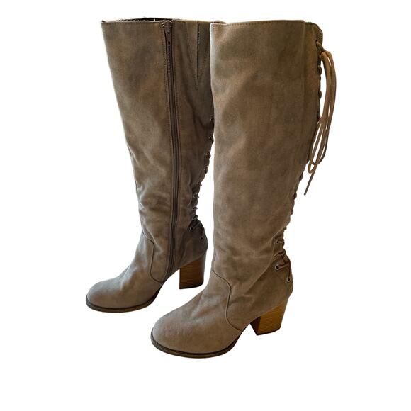 BKE Shoes - Solely Black By BKE Landon Tall Lace Back Heel Boots Knee High Size 7.5 Taupe